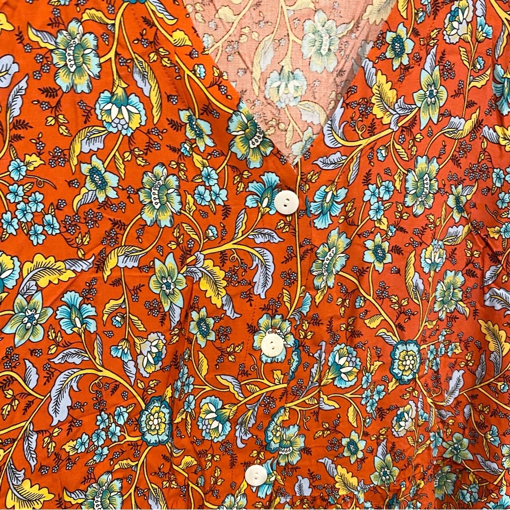 Floral Button Down V-Neck Short Sleeve Mini Dress NWT Medium Crimson Red Combo - Picture 10 of 13